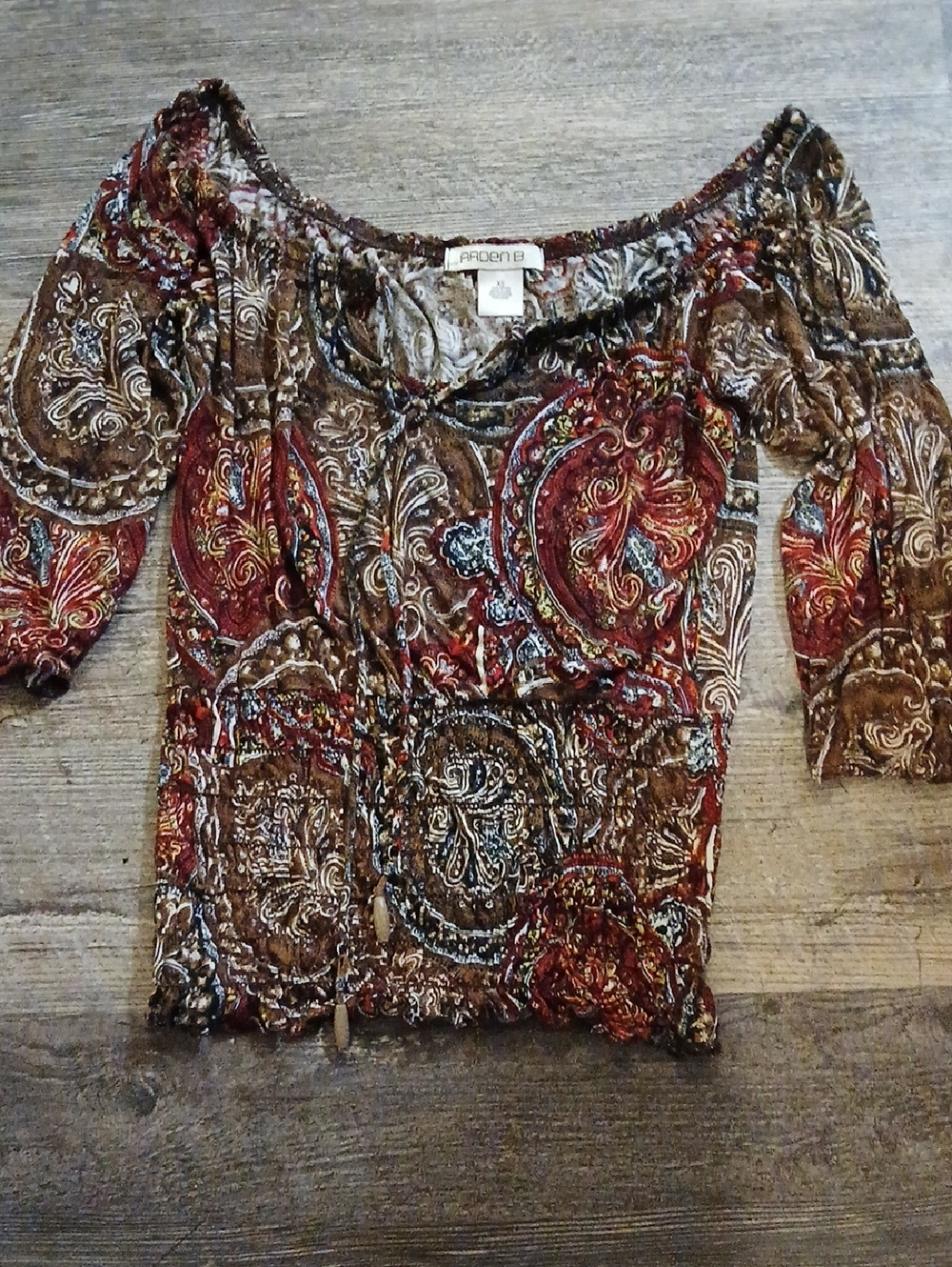 Arden B Brown and Red Paisley Off-Shoulder Peasant Top,  Smocked XS